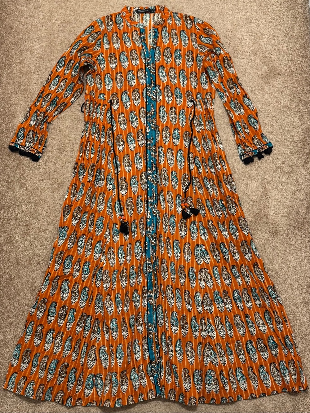 Generation Orange/Teal Printed Long Sleeve Maxi Dress with Tassel Tie Size 12